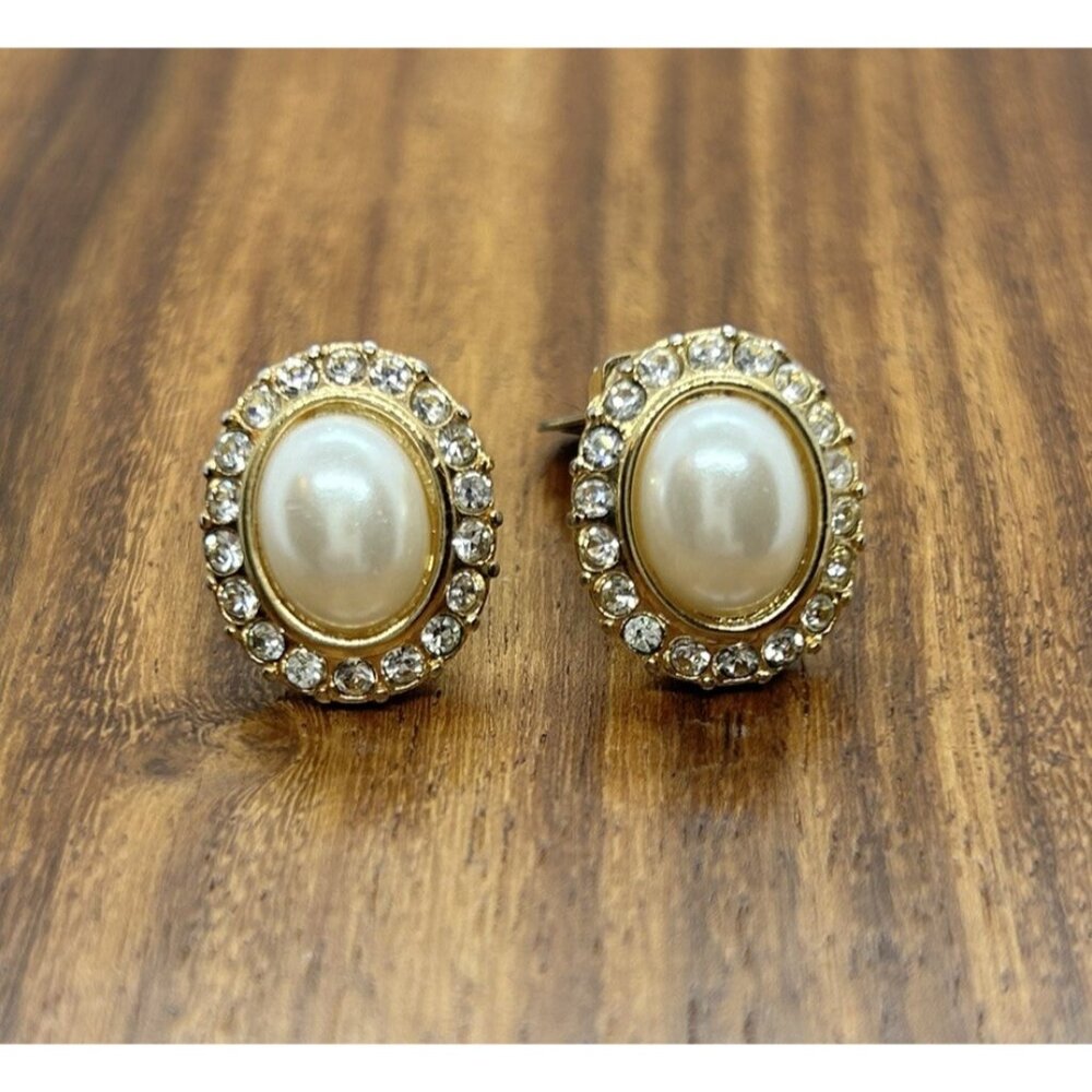 Vintage Vendome Signed Clip On Earrings Faux Pearl Rhinestone